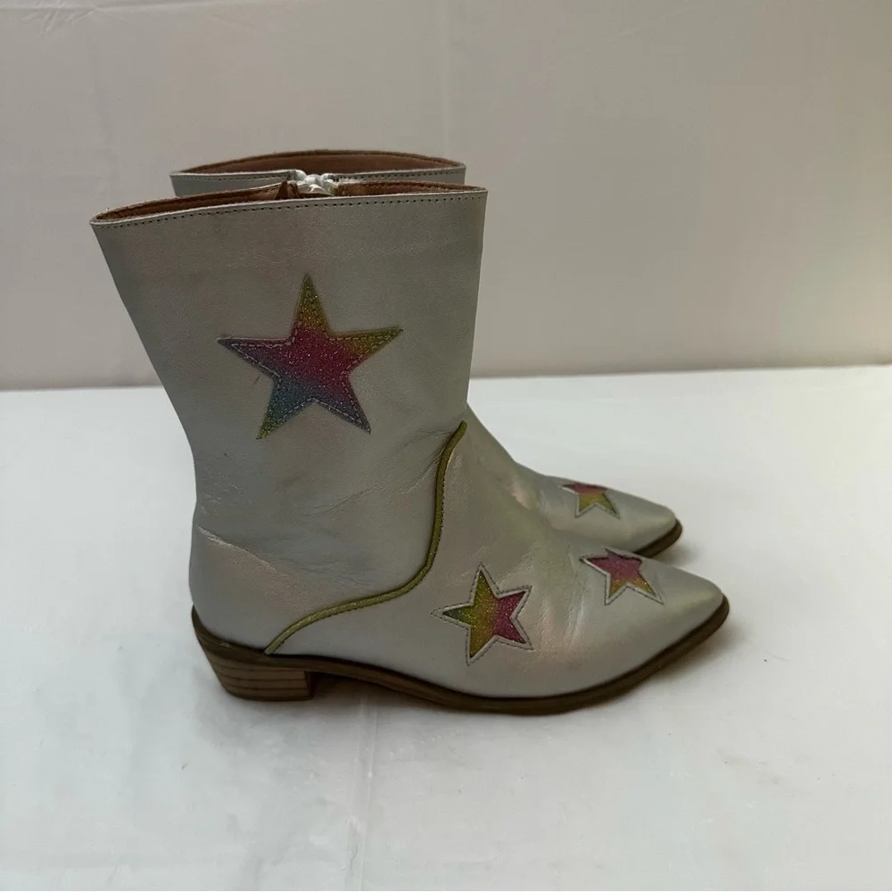 Lola‎ + The Boys Kids Silver Metallic Rainbow Glitter Star Cowboy Boots Size 31